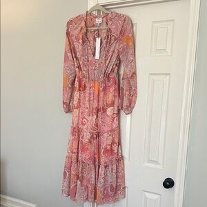 Chic Paisley Long Sleeve Maxi Dress in Pink and Orange